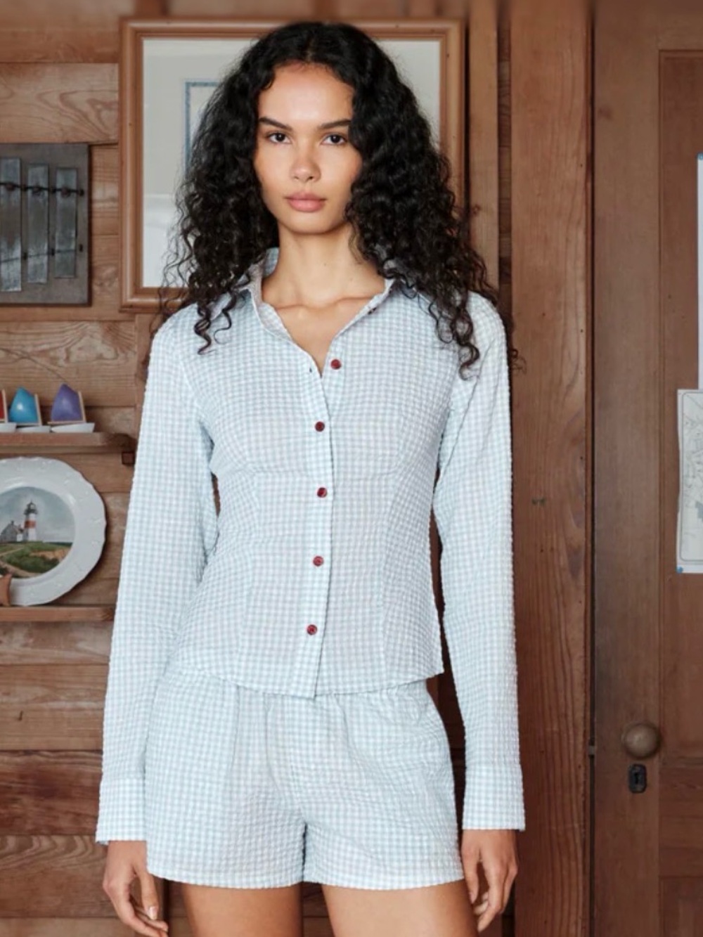High Waist Light Blue Gingham Women’s Shorts